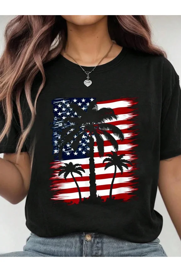 Women's American Flag Palm Tree Graphic T-Shirt Patriotic Tropical Summer Short Sleeve Tee