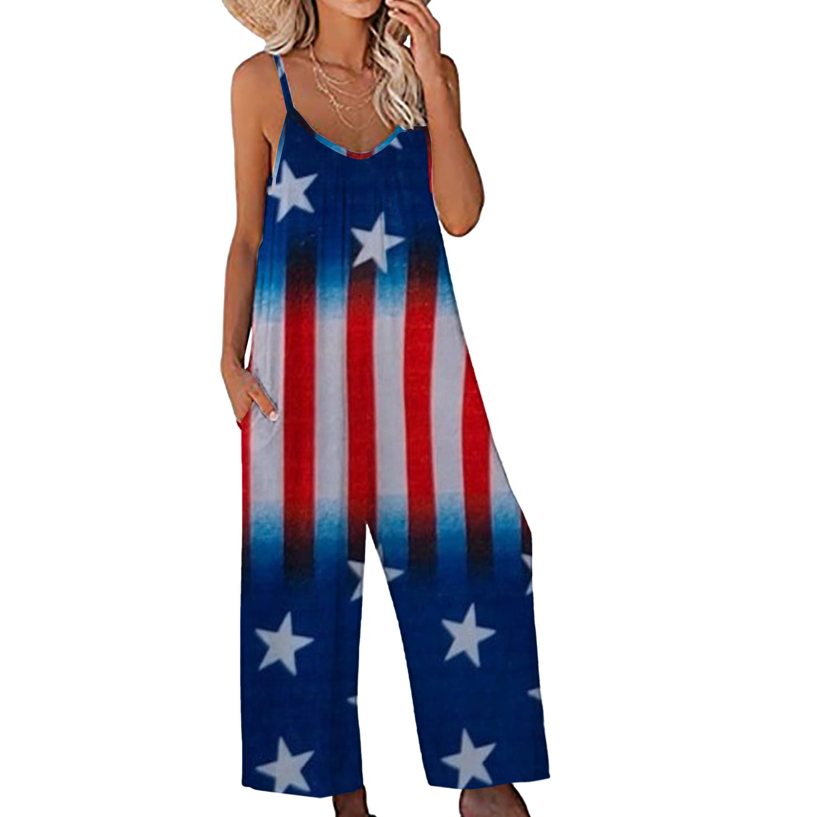 Women s American Flag Patriotic Jumpsuits 2023 4th of July Romper Womens Womens Independence Day Print Loose Jumpsuit Shoulder Strap Wide Leg Lightweight Overalls Walmart