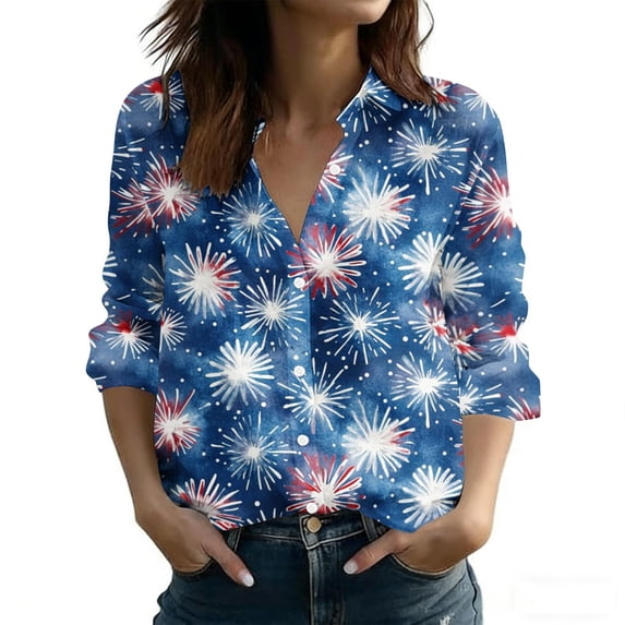 Women's American Flag Print Button Down Shirt Long Sleeve Patriotic Blouse for Independence Day