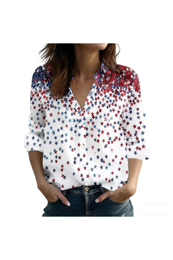 Women's American Flag Print Button Down Shirt Long Sleeve Patriotic Blouse for Independence Day
