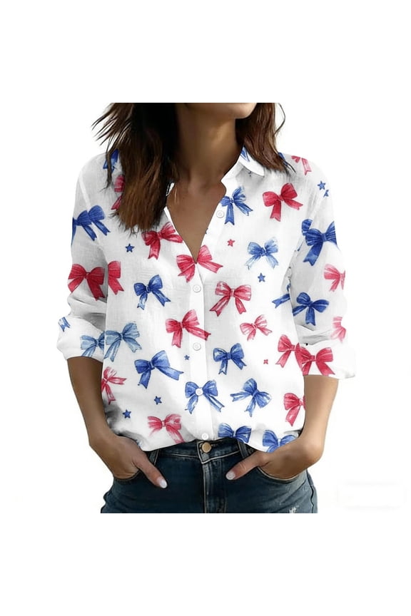 Women's American Flag Print Button Down Shirt Long Sleeve Patriotic Blouse for Independence Day
