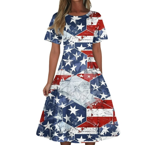 Women's American Flag Print Short Sleeve Midi Dress, Casual Summer A-Line Dress with Pockets for 4th of July Independence Day,Royal Blue XL