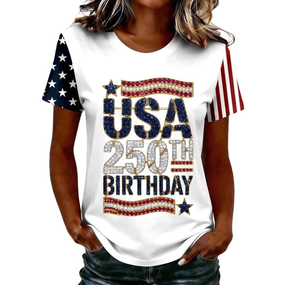 Women's American Flag Print T Shirts 4th of July Patriotic Independence Day Crew Neck Short Sleeve Tops Summer Casual Pullover Tees