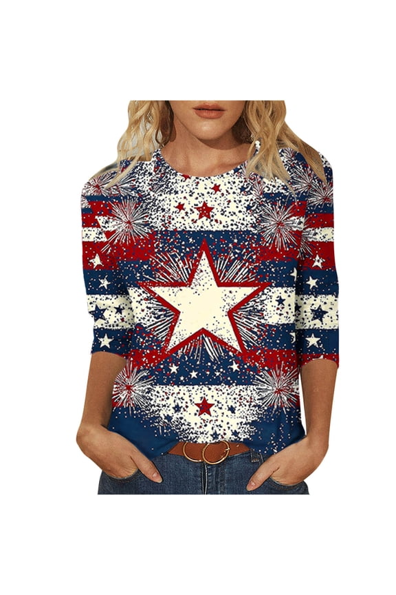 Women's American Flag Print T-shirt 3/4 Sleeve Patriotic Shirts for July 4th Casual Vacation Beach Daily Wear Tops