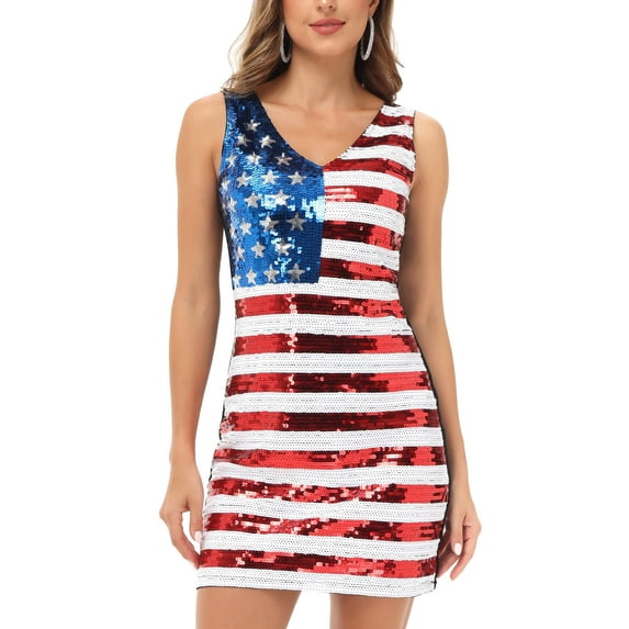 Women's American Flag Sequin Dress V-Neck Sleeveless USA Patriotic Striped Glitter Tank Mini Dress