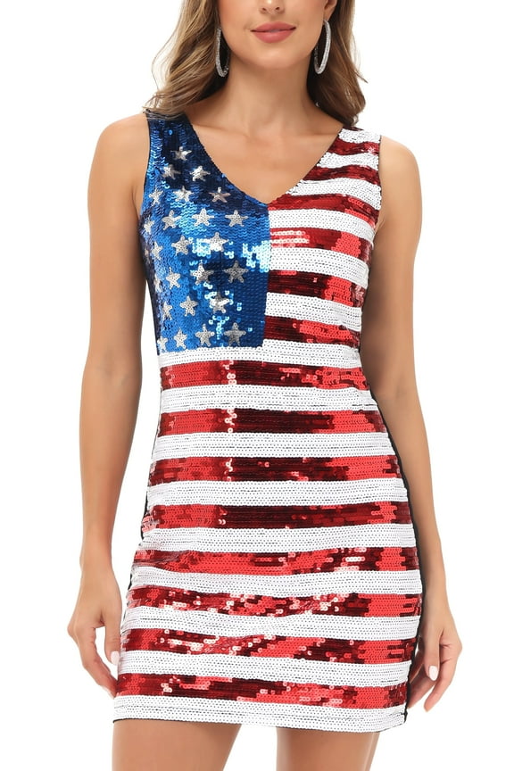 Women's American Flag Sequin Dress V-Neck Sleeveless USA Patriotic Striped Glitter Tank Mini Dress