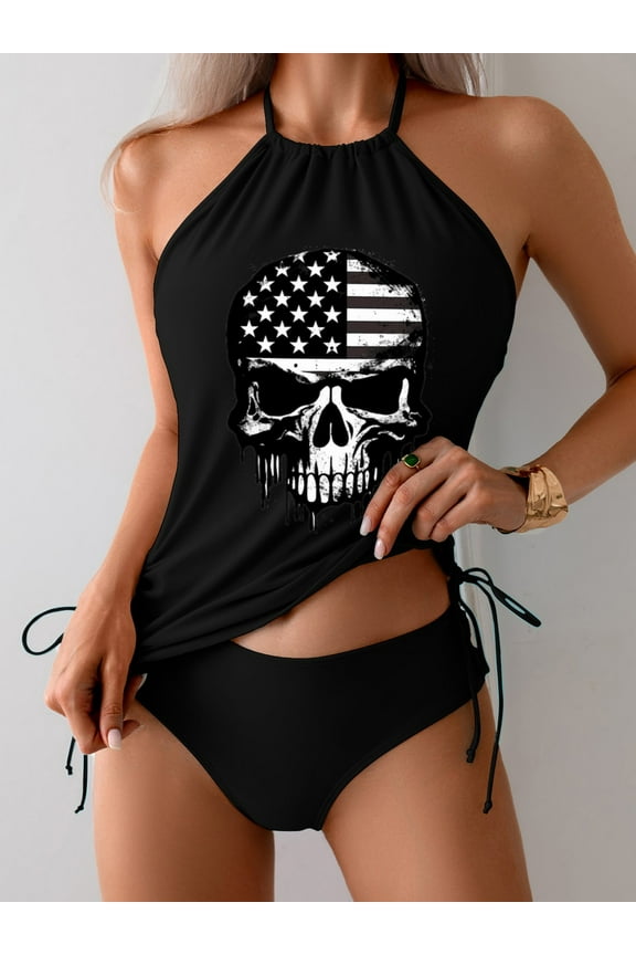 Women's American Flag Skull Printed Swimsuit 2 Piece Tankini Sets Halter Skinny Tops With Low Rise Briefs Swimsuit Set For Summer Beachwear Diving Bathing Suits M