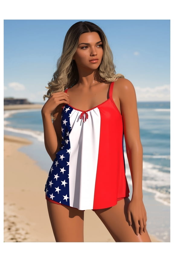 Women's American Flag Star and Stripe Print Tankini Swimsuit, Ruched Two-Piece with Boyshorts, Sizes M-XXL