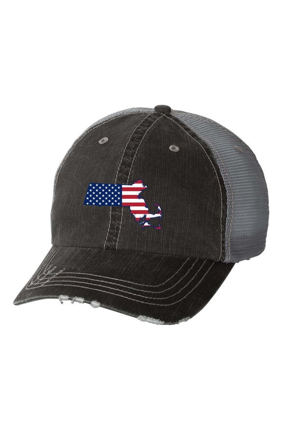 Women's American Flag State Pride State Outline Distressed Baseball Cap-Massachusetts