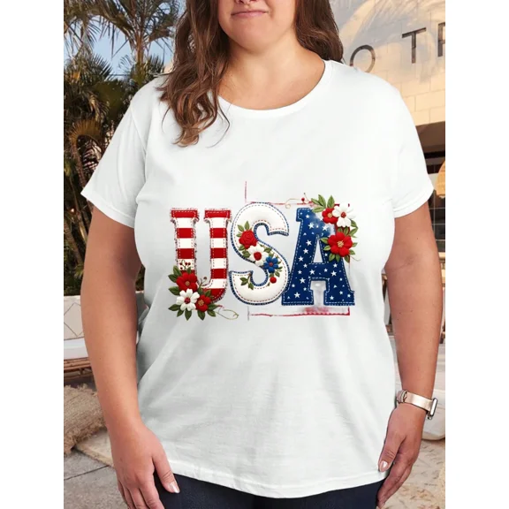 , Women's American Flag T-Shirt - USA Independence Day Round Neck