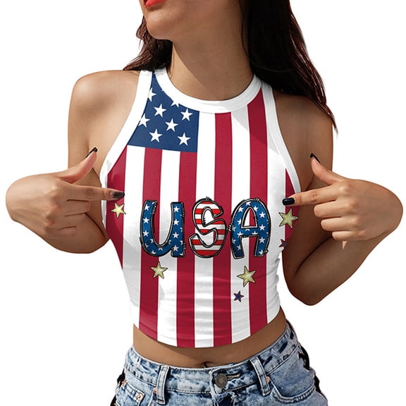 Women's American Flag Tank Top, USA Patriotic Sleeveless Crop Tops, 4th of July Camis Shirt
