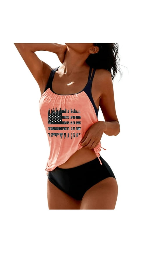 Women's American Flag Tankini Swimsuits Racerback Athletic 2 Piece Bathing Suit Petite Tie Side Tummy-Control Swimwear Rose, 2XL