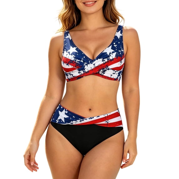 Women's American Flag Two Piece Bikini Set, Cross Wrap Top with High Waisted Bottom, Patriotic Swimsuit