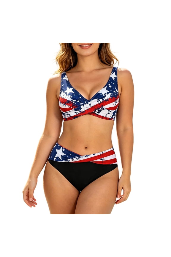 Women's American Flag Two Piece Bikini Set, Cross Wrap Top with High Waisted Bottom, Patriotic Swimsuit