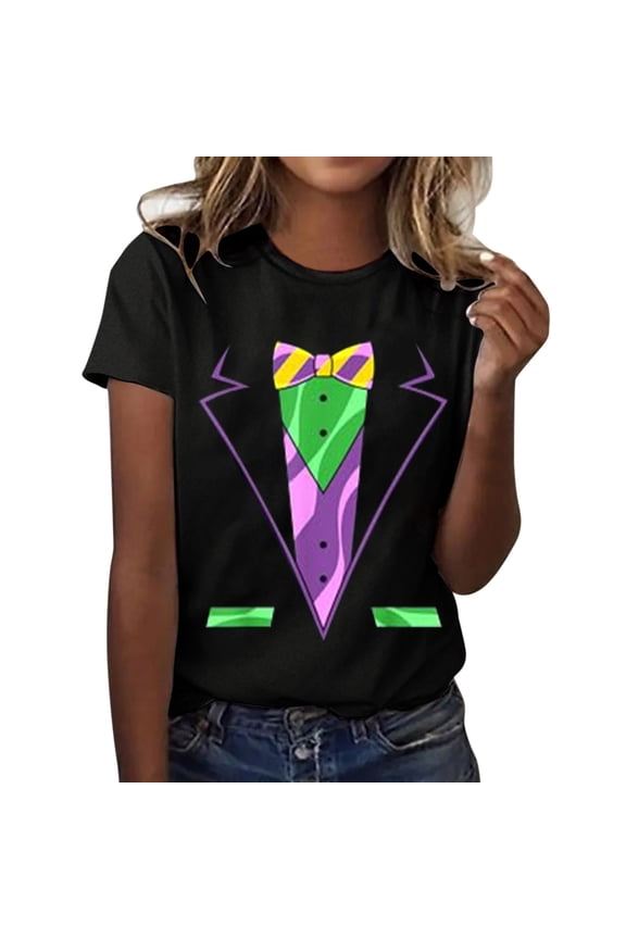 Women's American Mardi Carnival Printed Round Neck Casual Short Sleeve Top(Style 5)