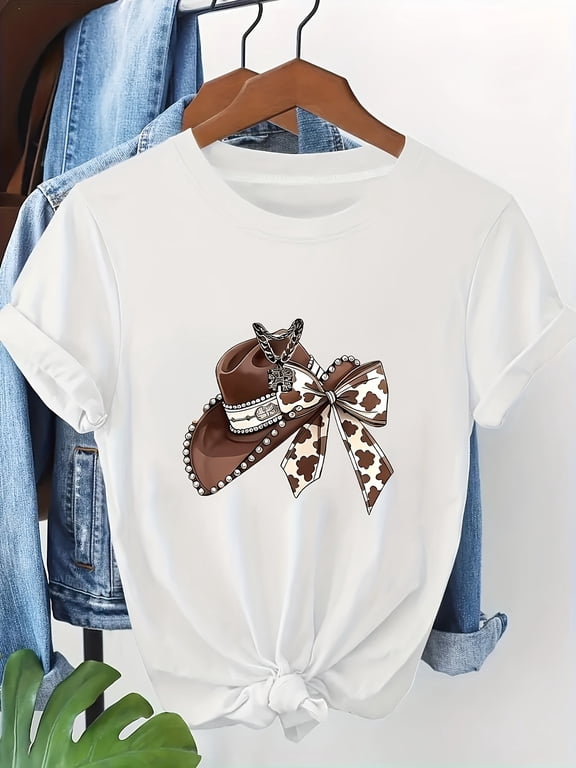 Women's American Western Cowboy Hat Cow-Print Bow-Knot Printed T-Shirt, Women's Summer Apparel, Casual and Elegant Women's Wear, Versatile Summer Street-Style Top