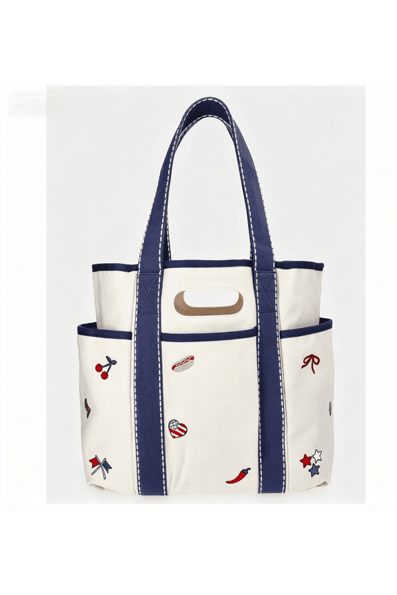 Women's Americana Cut Out Tote Bag, Natural Retro Canvas Tote Bag with Patriotic Embroidery, Large Capacity Casual Handbag with Exterior Slip Pockets for Beach Travel Work Daily Use
