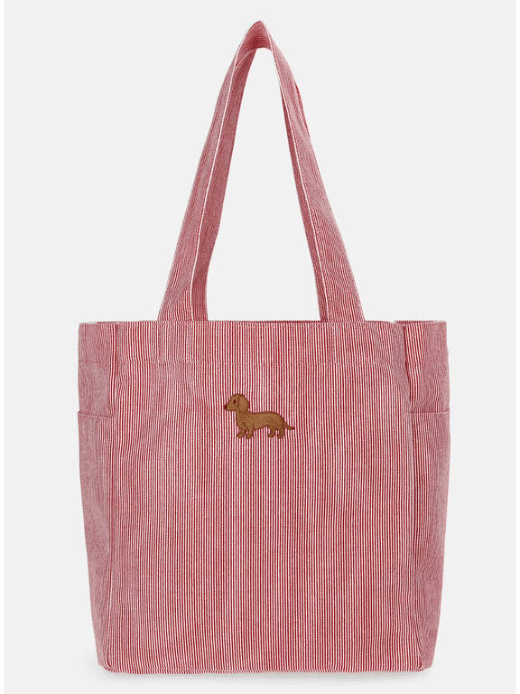 Women's Americana North/South Tote Bag, Red Engineer Stripe Dachshund Tote Bag, Casual Tote for Daily Use and Mother's Day Gift (Pink)