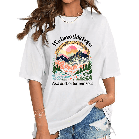 Women's "Anchored Hope" Christian Graphic T-Shirts Hebrews 6:19 Inspired Short Sleeve Anchored Hope Apparel Tops for Daily Outfits White,2XL
