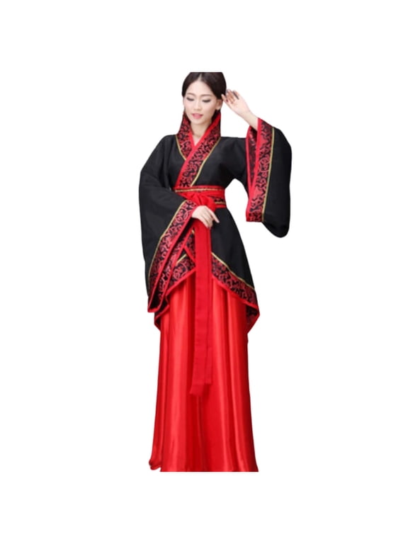 Women's Ancient Chinese Hanfu Dress, Black and Red Cross-Collar Robe with Wide Sleeves, Cosplay