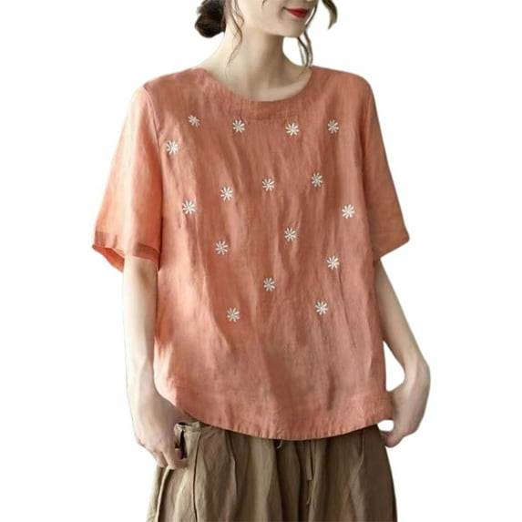 Women's And Linen Summer Embroidery Casual Literary Retro Solid Color Top Short Sleeve T Shirt
