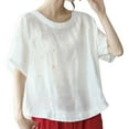 thumbnail image 1 of Women's And Linen Summer Embroidery Casual Literary Retro Solid Color Top Short Sleeve T Shirt, 1 of 2
