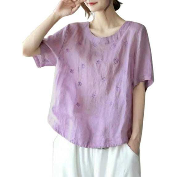 Women's And Linen Summer Embroidery Casual Literary Retro Solid Color Top Short Sleeve T Shirt