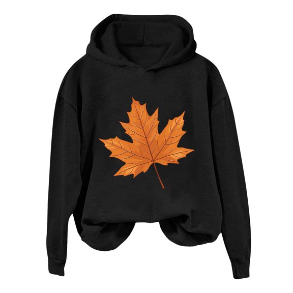 Women's And Winter Fashionable Thanksgiving Upward Yellow Maple Leaf Print Hooded Sweatshirt