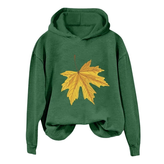Women's And Winter Fashionable Thanksgiving Yellow Downward Maple Leaf Print Hooded Sweatshirt