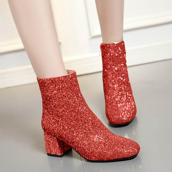 Women's And Winter Sequins Thick High Heels Zippered Short Boots Boots Bare Boots