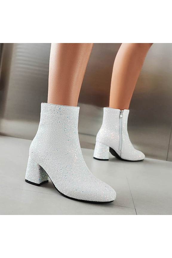 Women's And Winter Sequins Thick High Heels Zippered Short Boots Boots Bare Boots