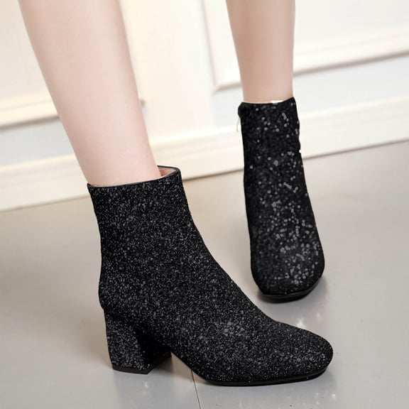 Women's And Winter Sequins Thick High Heels Zippered Short Boots Boots Bare Boots