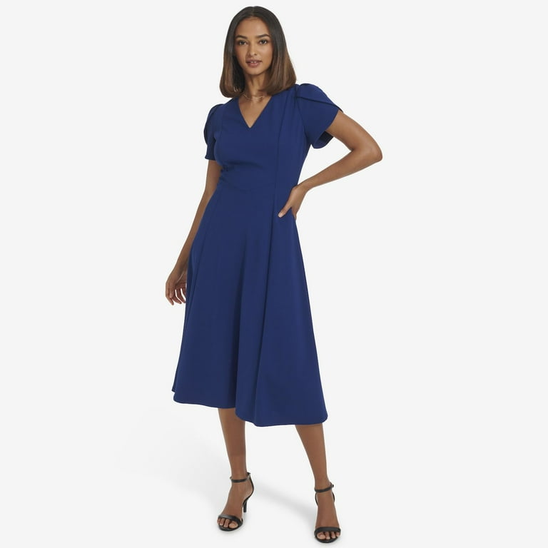 Women s Andrew Marc Tulip Fit Flare Midi Dress Color Blue Size 14