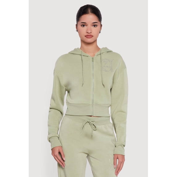 Women's Angel Rhinestone Zip Front Cropped Hoodie