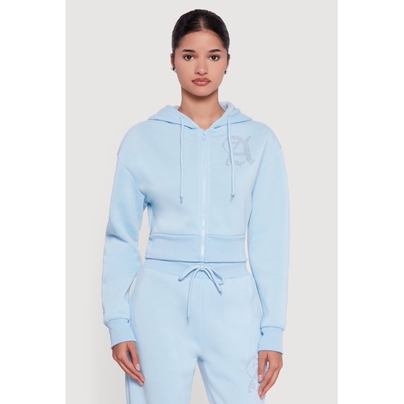 Women's Angel Rhinestone Zip Front Cropped Hoodie