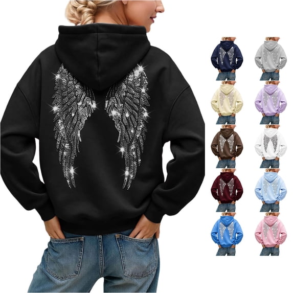 Women's Angel Wing Hoodie Sequined Embroidered Pullover Winter