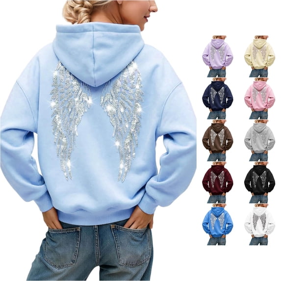 Women's Angel Wing Hoodie Sequined Embroidered Pullover Winter