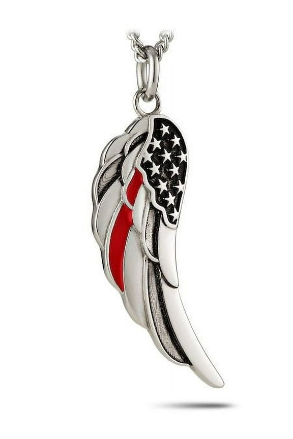 Women's Angel Wing with Thin Red Line Flag Necklace-Ps 91:11 by Shields of Strength