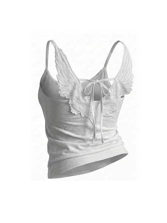 Women's Angel Wings Embroidery Tank Tops Backless Y2K Spaghetti Strap Tie Summer Vest womens angel wings tops