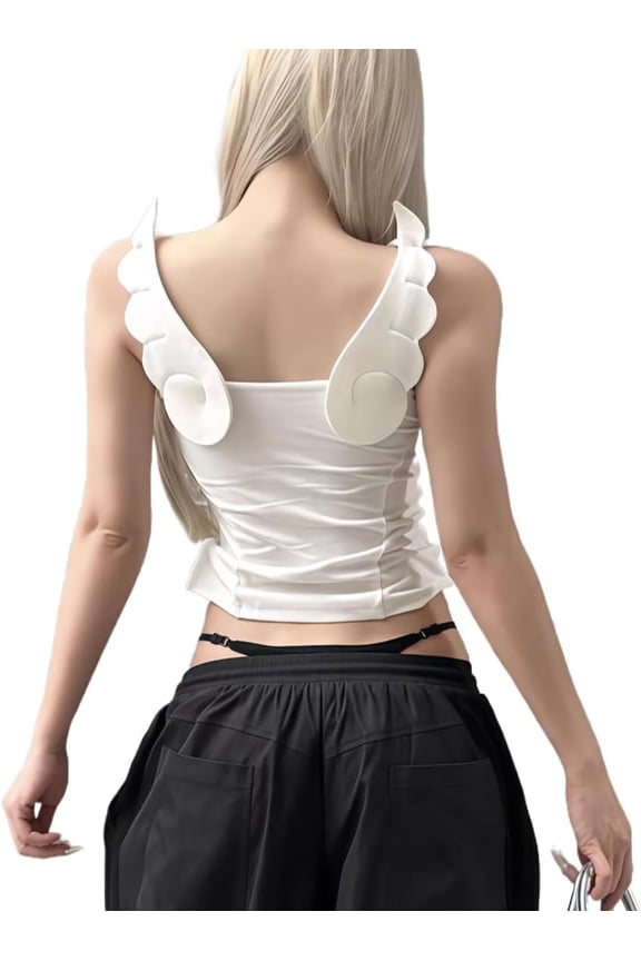 Women's Angel Wings Embroidery Tie Tank Tops Y2K Spaghetti Strap Camisole