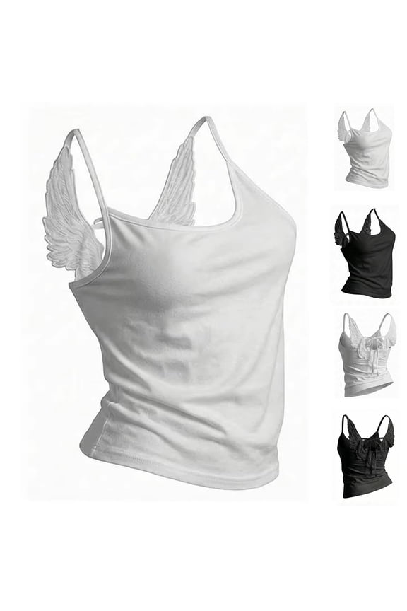 Women's Angel Wings Embroidery Y2K Tank Tops Backless Spaghetti Strap Camisole Tie Summer Vest Black L