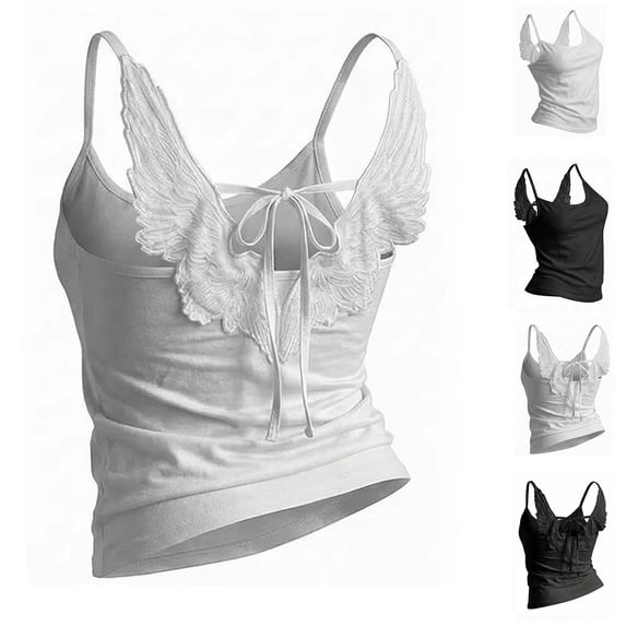Women's Angel Wings Embroidery Y2K Tank Tops Built in Bra Open Back Spaghetti Strap Tie Summer Vest wing tank top