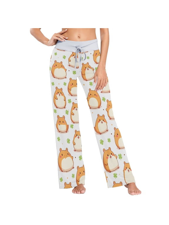 Women's Animal Mouse Clover Comfy Stretch Wide Leg Pajama Pants, Drawstring Waist Casual Lounge Pants