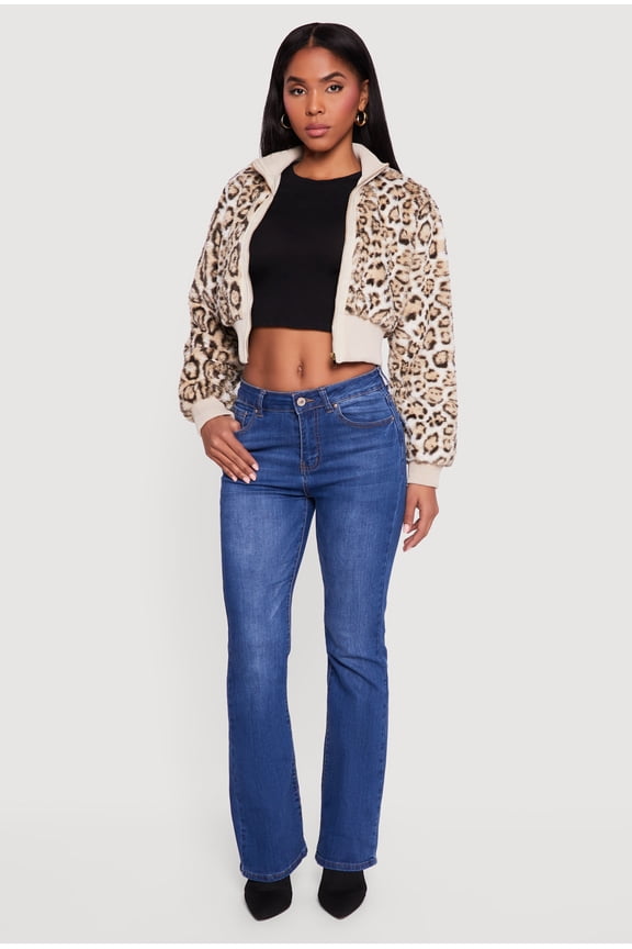 Women's Animal Print Faux Fur Cropped Zip Front Bomber Jacket