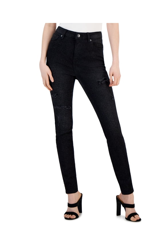 Women's Animal Print High-Rise Ripped Jeans Black Wash 4