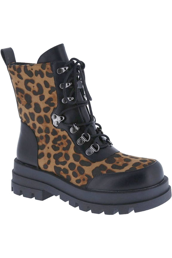 Women's Animal Print Lace Up Combat Boots Side Zipper Chunky Platform Heel Mid Calf Military Fall Winter Riding Ankle Booties
