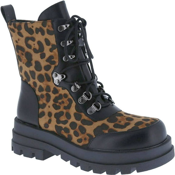 Women's Animal Print Lace Up Combat Boots Side Zipper Chunky Platform Heel Mid Calf Military Fall Winter Riding Ankle Booties