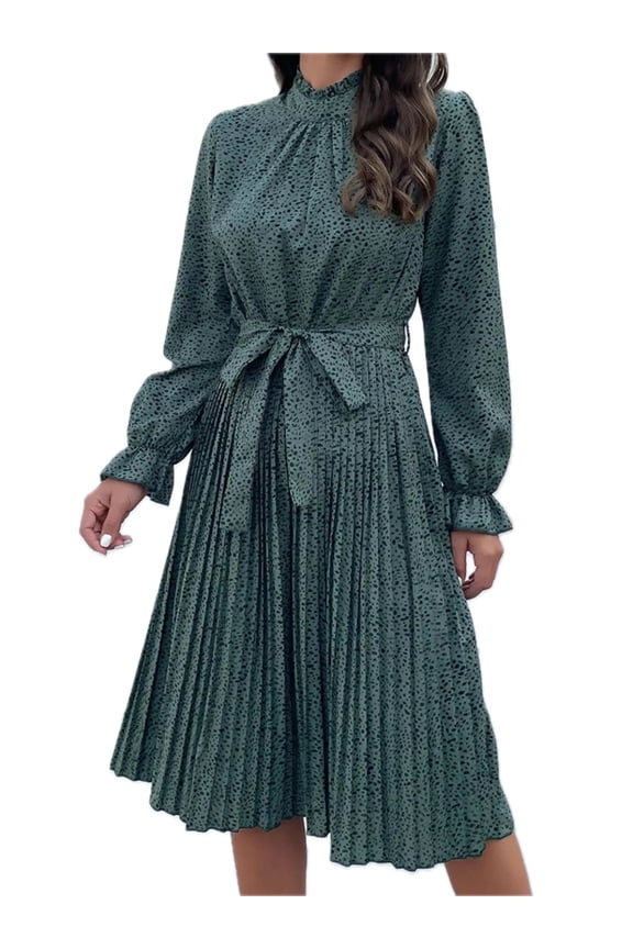 Women's Animal Print Mock Neck Flounce Sleeve Dress in 100% Polyester Fabric for a Trendy Statement Evening Outfit