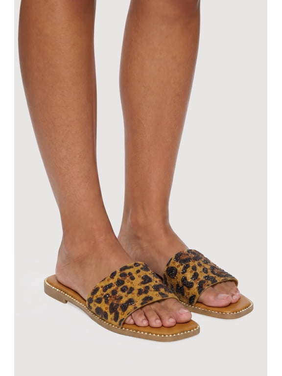 Women's Animal Print Rhinestone Detail Slide Sandals