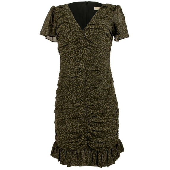 Women's Animal Print Ruched V-neck Mini Dress Olv 6